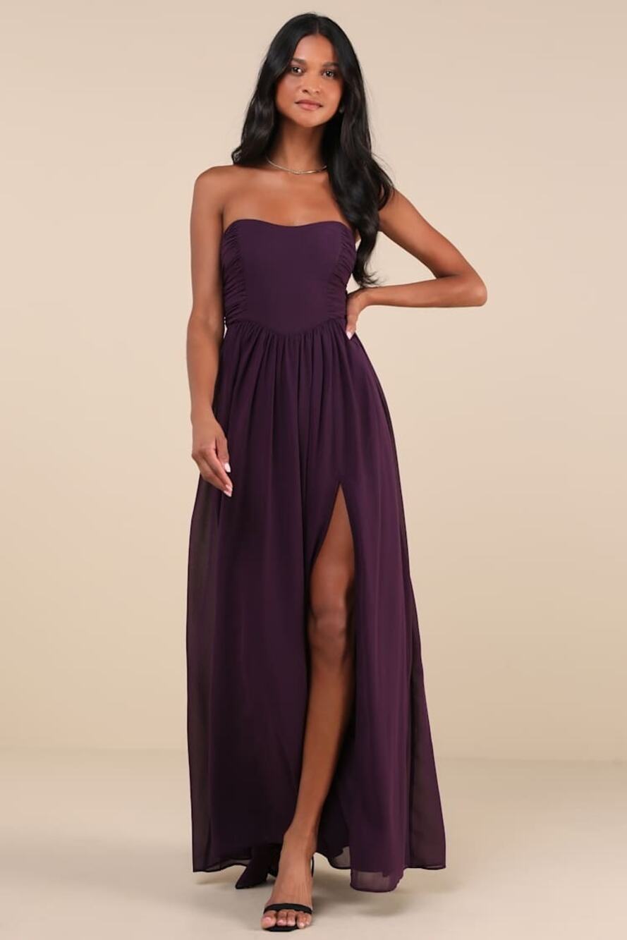 New Lulus Luxe Dark Purple Strapless Ruched Maxi Dress Size Medium MSRP $99